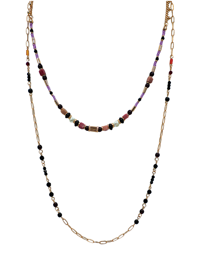 Long Mixed Double Chain Beaded Gold Plated Necklace

Mixed Beads, including pearl, purple and burgundy
130cm in size with 7cm extension link
Colour: Purple, burgundy and pearl
Chain: Gold Plated Chain
See matching earrings LB33
Delivered in a soft, grey, velveteen pouch