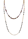 Long Mixed Colour Double Chain Beaded Necklace, Gold Plated with Purple and Burgundy Beads