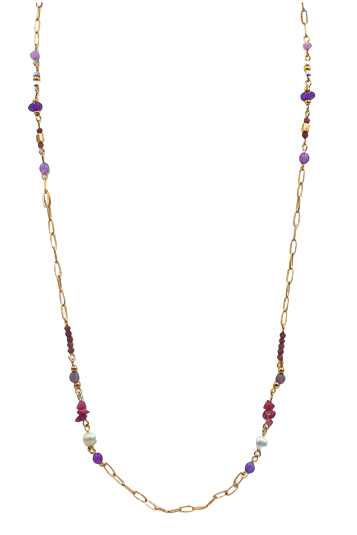Long Mixed Single Chain Beaded Gold Plated Necklace

Mixed Beads, including pearl, purple, pink and burgundy
130cm in size with 7cm extension link
Colour: Purple, pink, burgundy and pearl
Chain: Gold Plated Chain
See matching drop earrings LB35
Delivered in a soft, grey, velveteen pouch