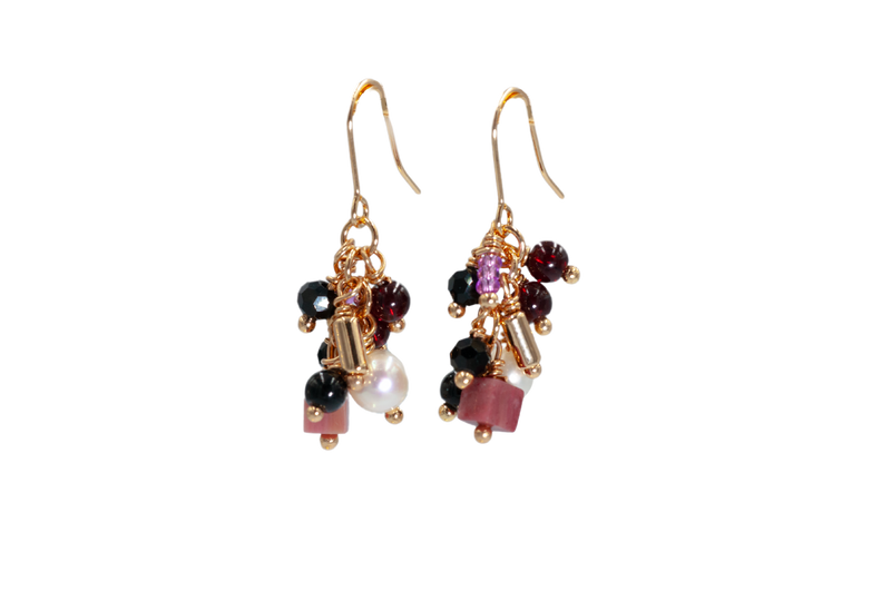 Multi-beaded Black Drop Earrings
&nbsp;Gold Coloured Fish-hooks, Rhodium Plated

Colour: Black, burgundy and purple
See matching Necklace LB38
Delivered in a soft, grey, velveteen pouch