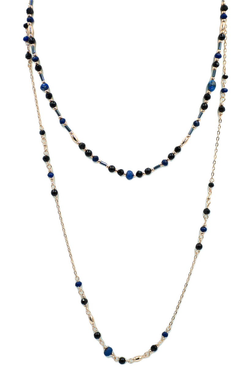 Long Mixed Double Chain Beaded Gold Plated Necklace

Black and Navy Blue Beads
140cm in size
Colour: Black and Navy Blue
Chain: Gold Plated Chain
See matching earrings LB41
Delivered in a soft, grey, velveteen pouch