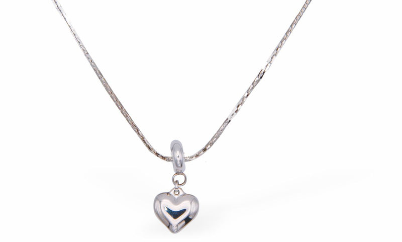 Box Chain Necklace with Chunky Silver Coloured Heart Drop,  Rhodium Plated