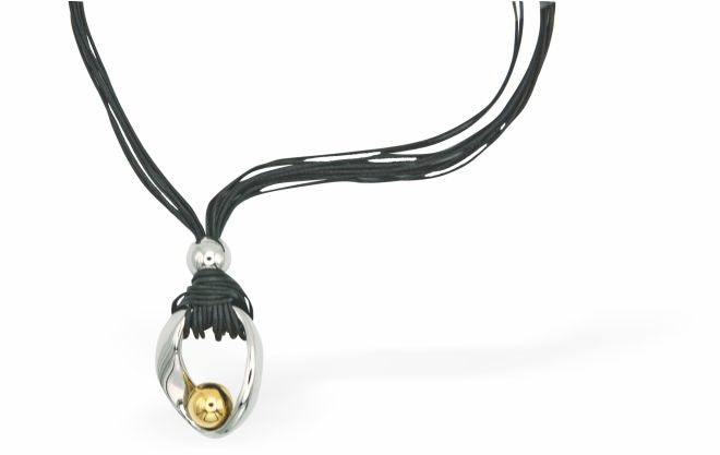 PVD Rope Pendant, Extendable
Hollow Silver Coloured Drop and Golden Coloured Ball
Hypoallergenic: Nickel, Lead and Cadmium Free

Delivered in a soft, black, velveteen pouch