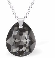 Austrian Crystal Cute Special Cut Pearshape Necklace  Special Cut Multi Faceted Crystal is 11mm in size  See matching earrlings SP97 Hypo allergenic: Free from Lead, Nickel and Cadmium Colour: Silver Night Grey Choice of Stainless Steel Chain (18") or Sterling Silver Chain (18") Delivered in a soft, black, velveteen pouch