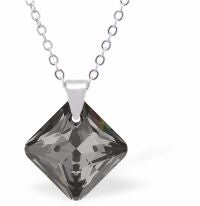 Austrian Crystal Cute Special Cut Oblique Square Necklace  Special Cut Multi Faceted Crystal is 12mm in size  See matching earrlings PR55 Hypo allergenic: Free from Lead, Nickel and Cadmium Colour: Silver Night Grey Choice of Stainless Steel Chain (18") or Sterling Silver Chain (18") Delivered in a soft, black, velveteen pouch