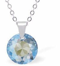 Austrian Crystal Multi Faceted Miniature Special Cut Round Necklace Crystal is 12mm in size  See matching earrlings T68 Hypo allergenic: Free from Lead, Nickel and Cadmium Colour: Aquamarine Blue Shimmer Choice of Stainless Steel Chain (18") or Sterling Silver Chain (18") Delivered in a soft, black, velveteen pouch