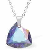 Austrian Crystal Multi Faceted Miniature Trilliant Cut Triangular Necklace Crystal is 12mm in size  See matching earrings TR13 Hypo allergenic: Free from Lead, Nickel and Cadmium Colour: Aurora Borealis Choice of Stainless Steel Chain (18") or Sterling Silver Chain (18") Delivered in a soft, black, velveteen pouch
