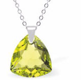 Austrian Crystal Multi Faceted Miniature Trilliant Cut Triangular Necklace Crystal is 12mm in size  See matching earrings TR15 Hypo allergenic: Free from Lead, Nickel and Cadmium Colour: Citrus Green Choice of Stainless Steel Chain (18") or Sterling Silver Chain (18") Delivered in a soft, black, velveteen pouch