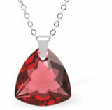 Austrian Crystal Multi Faceted Miniature Trilliant Cut Triangular Necklace Crystal is 12mm in size  See matching earrings TR27 Hypo allergenic: Free from Lead, Nickel and Cadmium Colour: Scarlet Red Choice of Stainless Steel Chain (18") or Sterling Silver Chain (18") Delivered in a soft, black, velveteen pouch