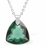 Austrian Crystal Multi Faceted Miniature Trilliant Cut Triangular Necklace Crystal is 12mm in size  See matching earrings TR23 Hypo allergenic: Free from Lead, Nickel and Cadmium Colour: Emerald Green Choice of Stainless Steel Chain (18") or Sterling Silver Chain (18") Delivered in a soft, black, velveteen pouch