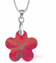 Austrian Crystal Daisy Necklace by Byzantium in Light Siam Red Daisy is 12mm in size Colour: Light Siam Red Chain: Stainless Steel Chain - 18" / Sterling Silver Chain - 18" Delivered in a soft, black, velveteen pouch