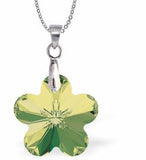 Austrian Crystal Daisy Necklace by Byzantium in Peridot Green Daisy is 12mm in size Colour: Peridot Green Chain: Stainless Steel Chain - 18" / Sterling Silver Chain - 18" Delivered in a soft, black, velveteen pouch