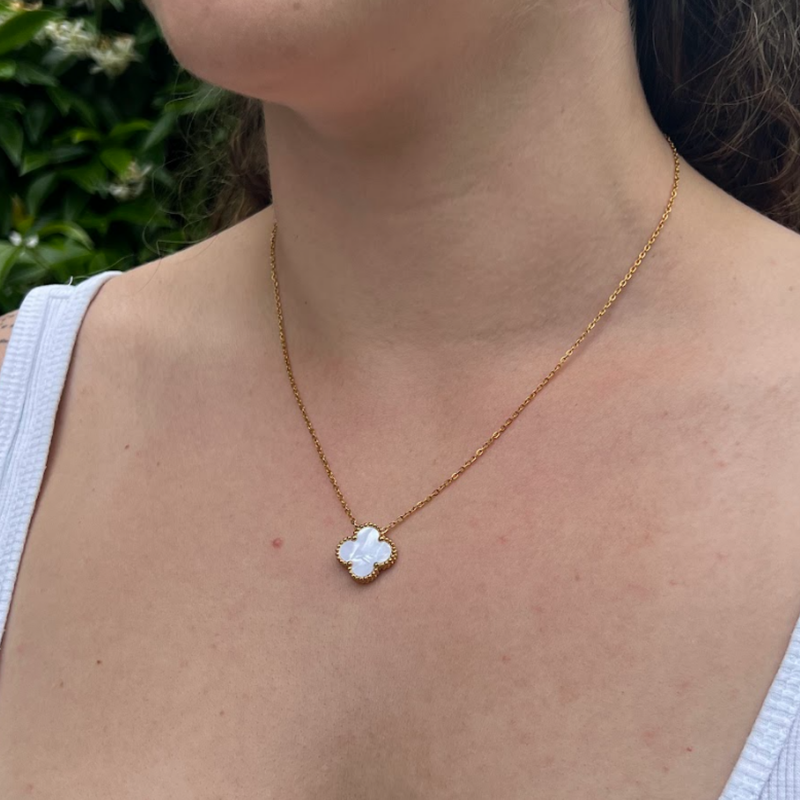 White Four Leaf Clover Pendant Necklace, 18K Gold Plated