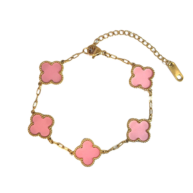 Pink Four Leaf Clover Double-Sided Bracelet, 18K Gold Plated