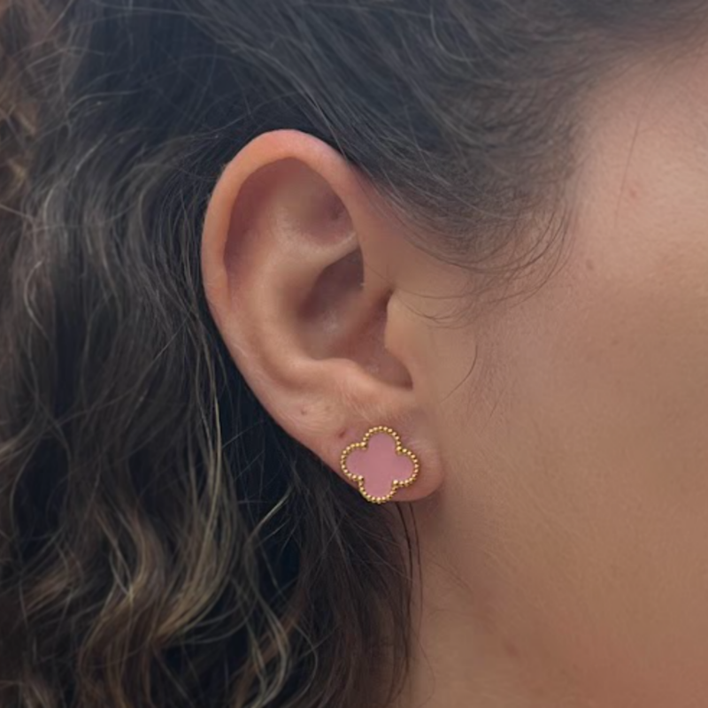 Pink Four Leaf Clover Stud Earrings, 18K Gold Plated