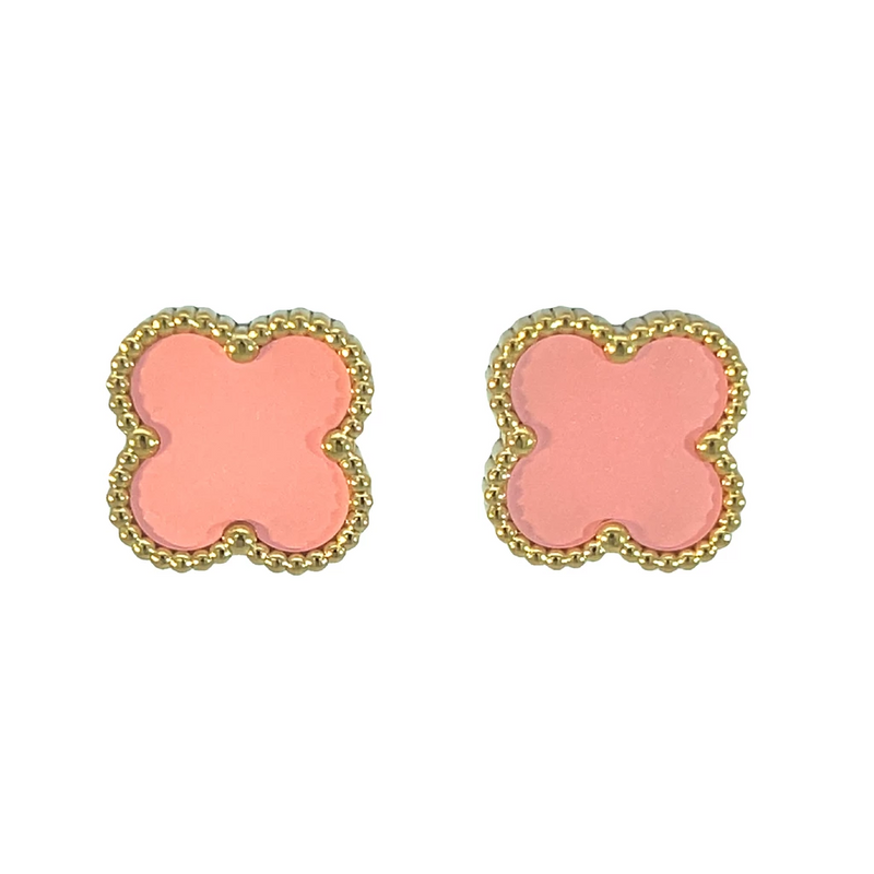Pink Four Leaf Clover Stud Earrings, 18K Gold Plated