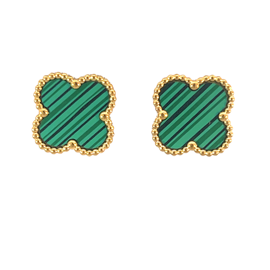 Green Four Leaf Clover Stud Earrings, Gold Plated