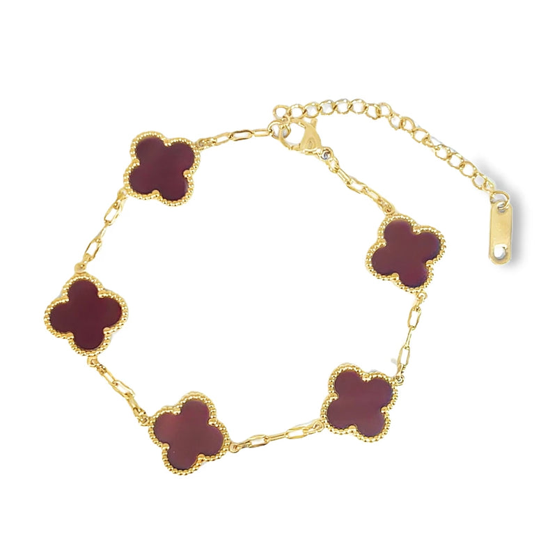 Dark Red Four Leaf Clover Bracelet, 18K Gold Plated