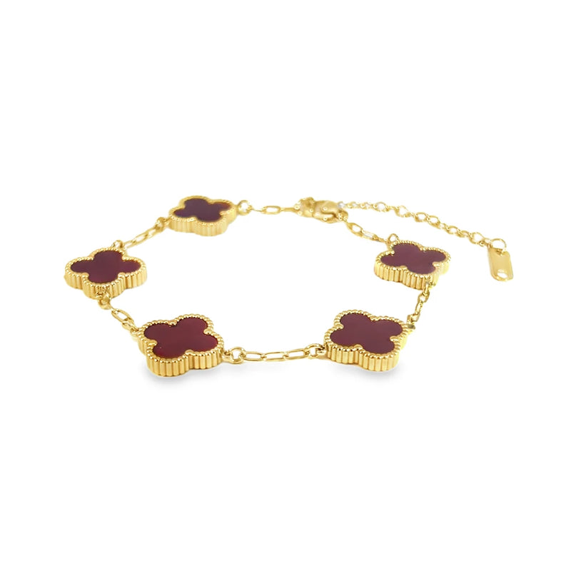 Dark Red Four Leaf Clover Bracelet, 18K Gold Plated