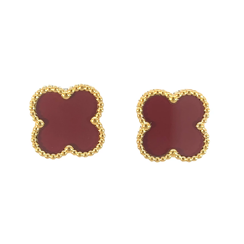 Deep Red Four Leaf Clover Stud Earrings, 18K Gold Plated
