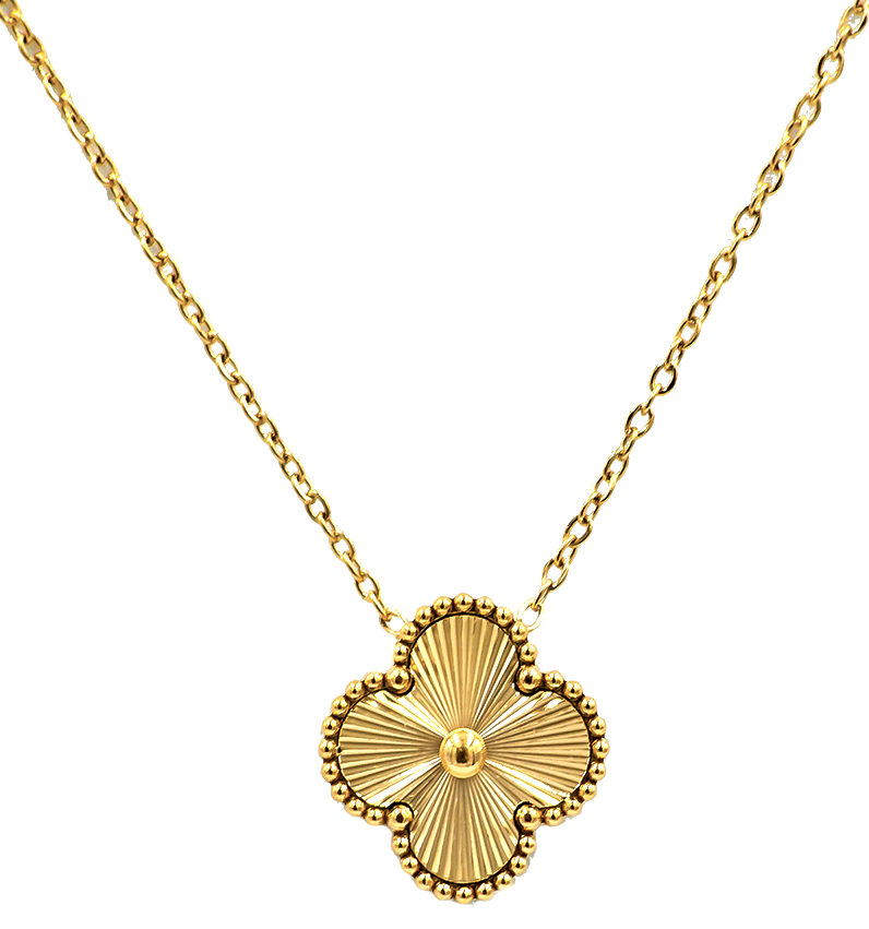 Enjoy designer quality at an affordable price with our gold plated Four Leaf Clover Pendant Necklace with golden detailing. This trending style lucky 4 leaf clover pendant is the perfect gift for women. Matching earrings and bracelet are available separately.

Made from titanium steel with gold plating. The pendant is 15mm x 15mm. The chain is 40cm with an additional 5cm extension. Colour is gold.