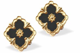 Golden Framed, Black Four Leaf Clover Pendant Stud Earrings, Gold Plated
