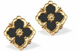 Golden Framed, Black Four Leaf Clover Pendant Stud Earrings, Gold Plated