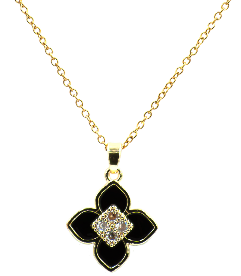 Enjoy designer quality at an affordable price with our Black Four Leaf Clover Pendant Necklace with golden detailing and chain. This trending style lucky 4 leaf clover pendant is the perfect gift for women. Matching earrings and bracelet are available separately.

Made from titanium steel with&nbsp; gold plating. The pendant is 15mm x 15mm. The chain is 40cm with an additional 5cm extension. Colour is black.


Delivered in a soft, grey, velveteen pouch.&nbsp;