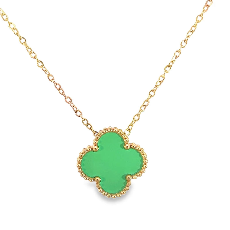 Green and Purple Four Leaf Clover Double Sided Pendant Necklace, 18K Gold Plated