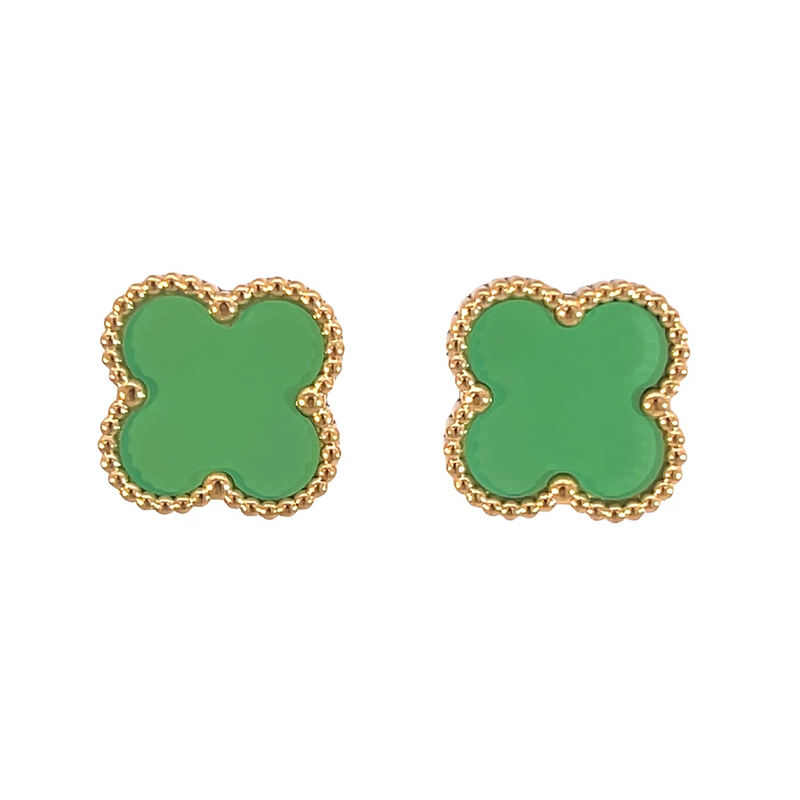 Green Four Leaf Clover Stud Earrings, 18K Gold Plated