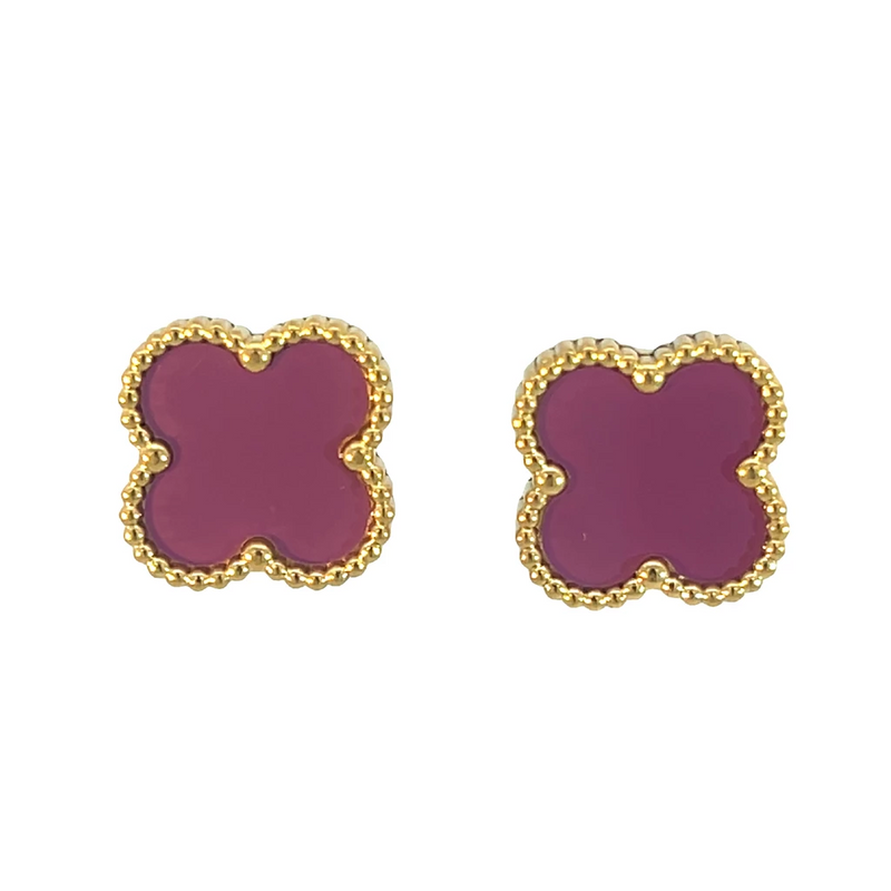Purple Four Leaf Clover Stud Earrings, 18K Gold Plated