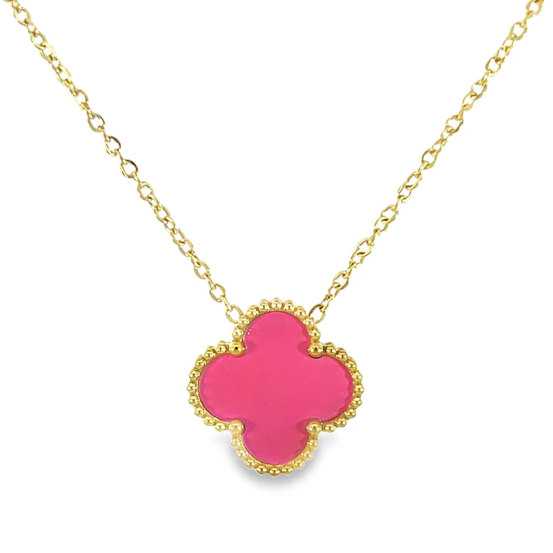 Light Blue and Fuchsia Pink Four Leaf Clover Double Sided Pendant Necklace, 18K Gold Plated