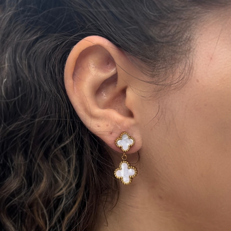 White Double Four Leaf Clover Drop Earrings, 18K Gold Plated