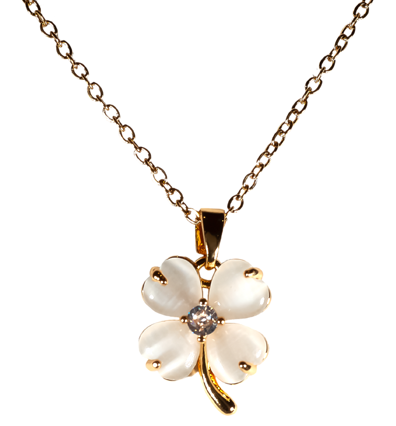 Enjoy designer quality at an affordable price with our White Four Leaf Clover Pendant Necklace with golden detailing and chain. This trending style lucky 4 leaf clover pendant is the perfect gift for women. Matching earrings and bracelet are available separately.

Made from titanium steel with gold plating. The pendant is 15mm x 15mm. The chain is 40cm with an additional 5cm extension. Colour is white.


Delivered in a soft, grey, velveteen pouch.&nbsp;