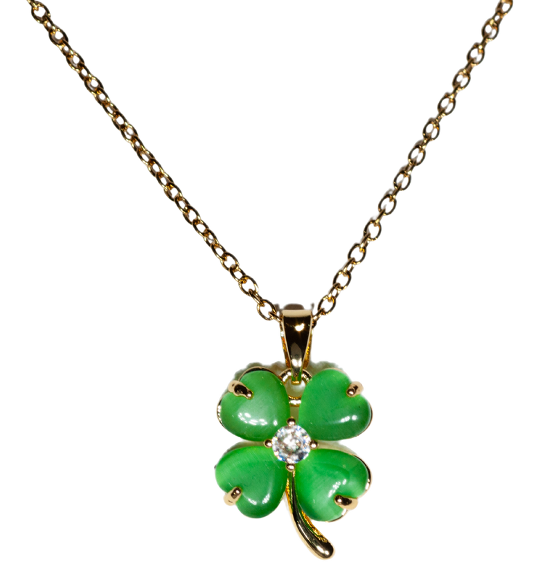 Enjoy designer quality at an affordable price with our Green Four Leaf Clover Pendant Necklace with golden detailing and chain. This trending style lucky 4 leaf clover pendant is the perfect gift for women. Matching earrings and bracelet are available separately.

Made from titanium steel with gold plating. The pendant is 15mm x 15mm. The chain is 40cm with an additional 5cm extension. Colour is green.

Delivered in a soft, grey, velveteen pouch.&nbsp;