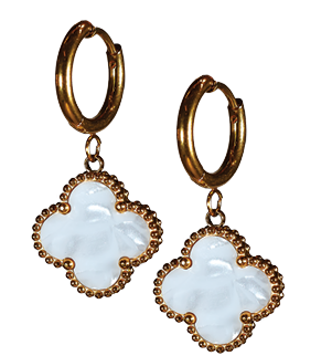 Enjoy designer quality at an affordable price with our 18K gold plated Four Leaf Clover Hoop Earrings, gold plated with white detailing. These trending style lucky 4 leaf clover earrings are the perfect gift for women. Matching bracelet and necklaces are available separately.

Made from titanium steel with 18K gold plating. The studs are 13mm x 13mm. Colours are white and gold.

Delivered in a soft, grey, velveteen pouch