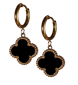 Enjoy designer quality at an affordable price with our 18K gold plated Four Leaf Clover Hoop Earrings, gold plated with black detailing. These trending style lucky 4 leaf clover earrings are the perfect gift for women. Matching bracelet and necklaces are available separately.

Made from titanium steel with 18K gold plating. The studs are 13mm x 13mm. Colours are black and gold.

Delivered in a soft, grey, velveteen pouch