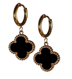 Black Four Leaf Clover Hoop Drop Earrings, Gold Plated