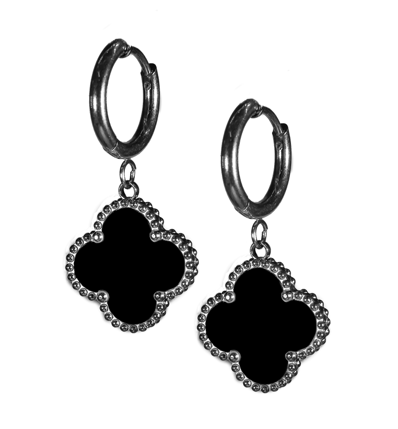 Enjoy designer quality at an affordable price with our Four Leaf Clover Hoop Earrings, Stainless Steel with black detailing. These trending style lucky 4 leaf clover earrings are the perfect gift for women. Matching bracelet and necklaces are available separately.

Made from stainless steel. The studs are 13mm x 13mm. Colours are black and silvery.

Delivered in a soft, grey, velveteen pouch