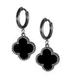 Black Four Leaf Clover Hoop Drop Earrings, Stainless Steel Frame