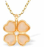 Enjoy designer quality at an affordable price with our Peachy Pink Four Leaf Clover Pendant Necklace with golden detailing and chain. This trending style lucky 4 leaf clover pendant is the perfect gift for women.&nbsp;
The pendant is 15mm x 15mm. The chain is stainless steel, 18". Rhodium plated. Colour is pink.


Delivered in a soft, grey, velveteen pouch.&nbsp;