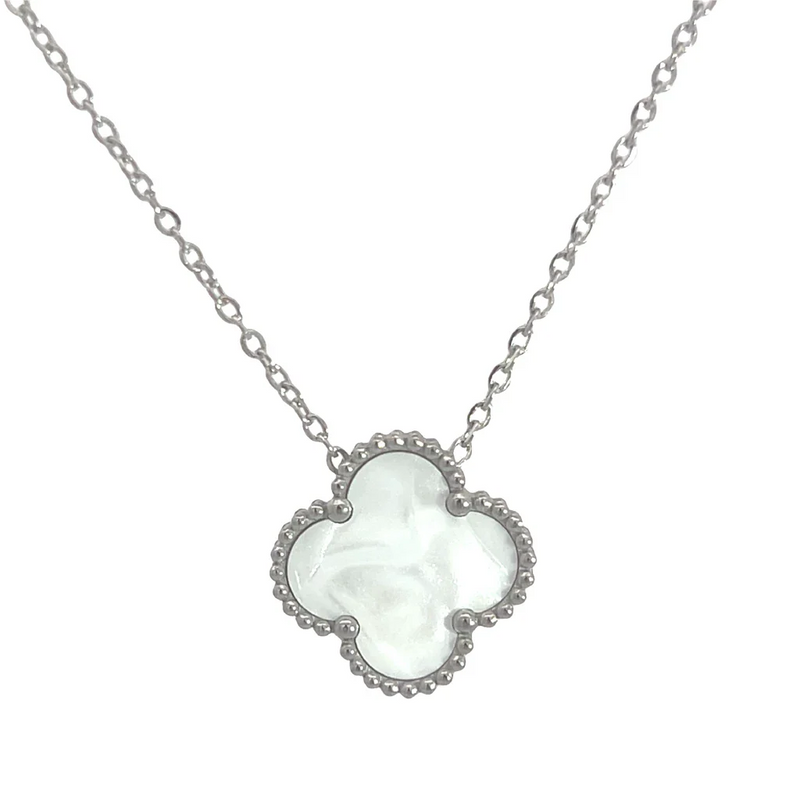 MP50 - White Four Leaf Clover Pendant Necklace, Silver Coloured