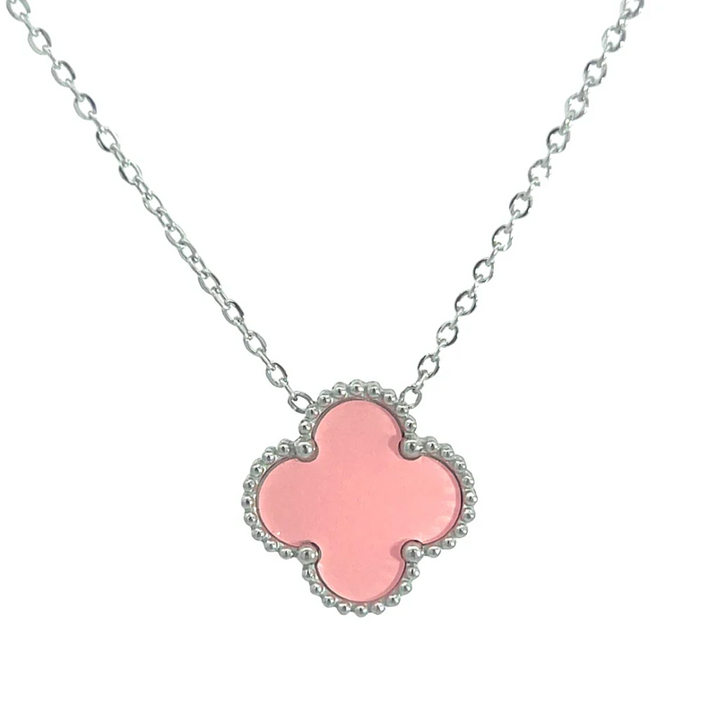 MP53 - Pink Four Leaf Clover Pendant Necklace, Silver Coloured