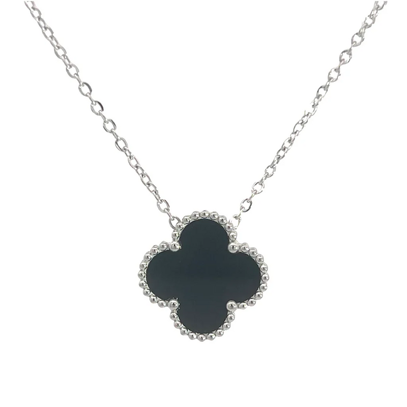 MP56 - Black Four Leaf Clover Pendant Necklace, Silver Coloured