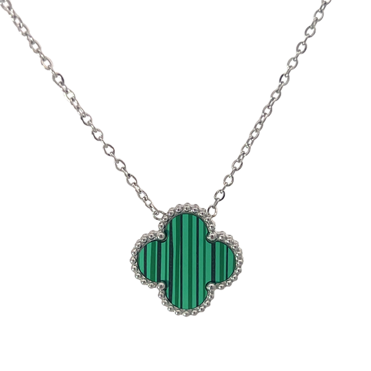 MP59 - Green Four Leaf Clover Pendant Necklace, Silver Coloured