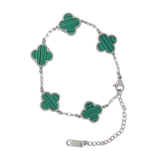 MP60 - Green Four Leaf Clover Double-Sided Bracelet, Silver Coloured