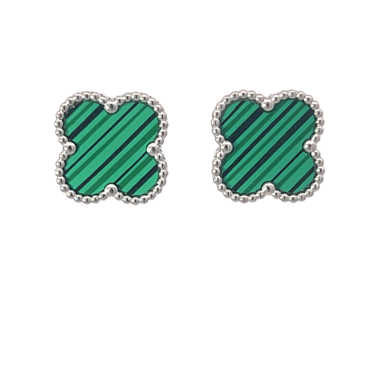 MP61 - Green Four Leaf Clover Stud Earrings, Silver Coloured