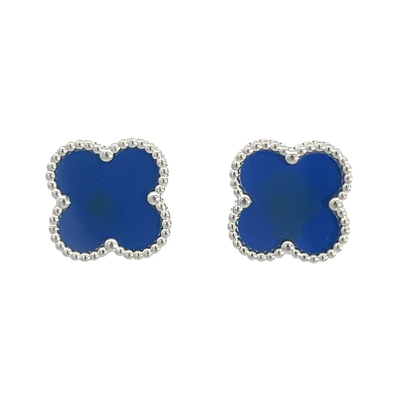 MP64 - Blue Four Leaf Clover Stud Earrings, Silver Coloured