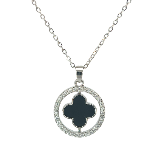 MP68 - Pave Crystal Circle with Black Four Leaf Clover Pendant Necklace, Silver Coloured