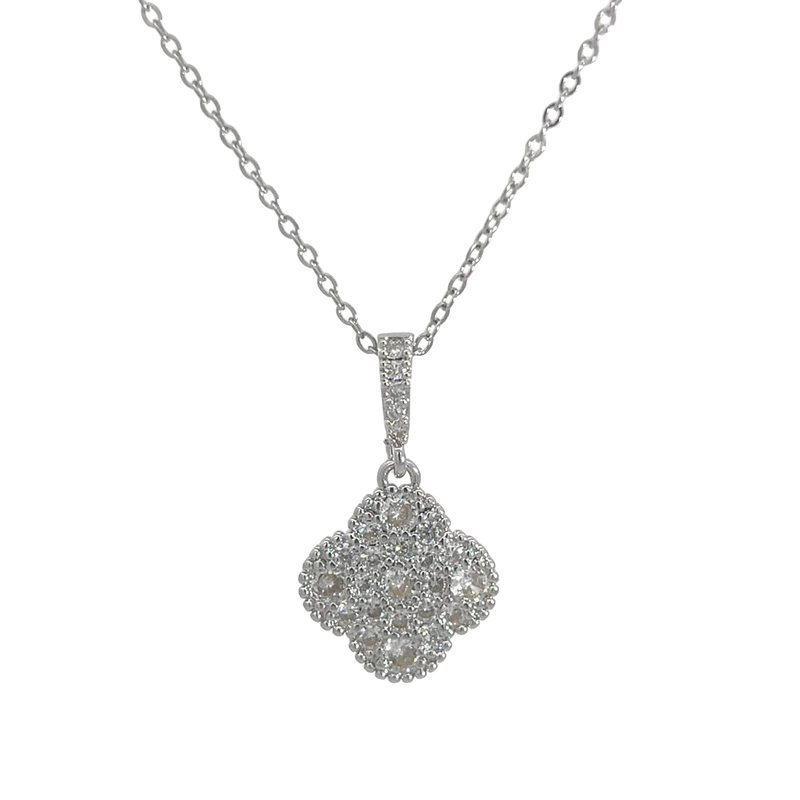MP69 - Pave Crystal Four Leaf Clover Pendant Necklace, Silver Coloured